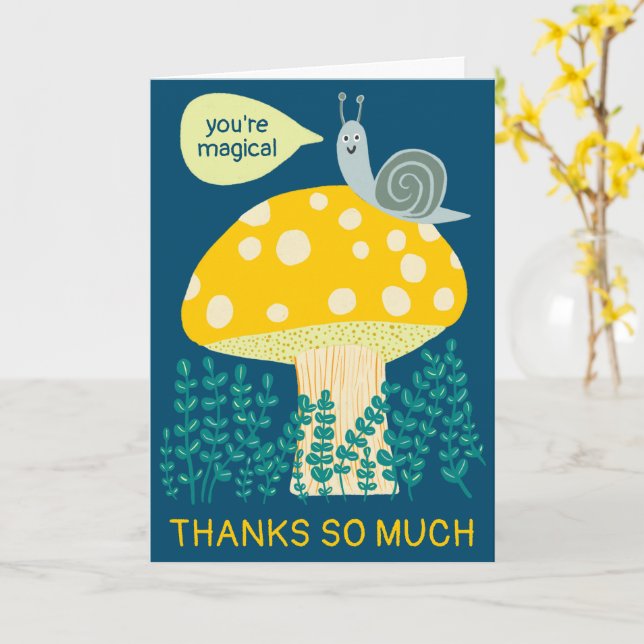 Whimsical Snail on Magical Mushroom CUSTOM Thanks Card (Yellow Flower)