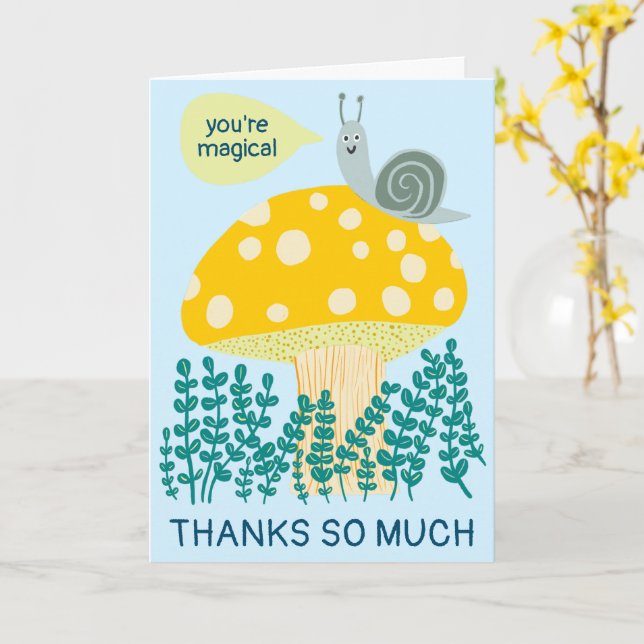 Whimsical Snail on Magical Mushroom CUSTOM Thanks Card (Yellow Flower)