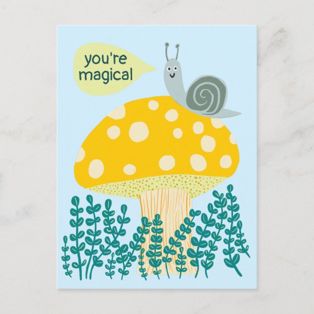 Whimsical Snail on Magical Mushroom Cute CUSTOM Postcard (Front)