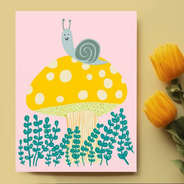 Whimsical Snail on Magical Mushroom Cute Postcard (Cute snail on fun mushroom custom postcard design)