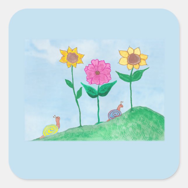 Whimsical Snails & Colourful Flowers Square Sticker (Front)