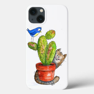Whimsical Sneaky Cat with Cactus iPhone 13 Case