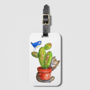 Whimsical Sneaky Cat with Cactus Luggage Tag