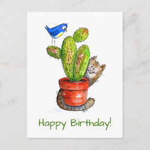 Whimsical Sneaky Cat with Cactus Postcard