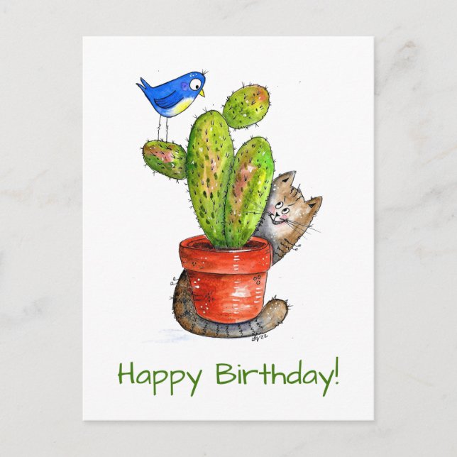 Whimsical Sneaky Cat with Cactus Postcard (Front)