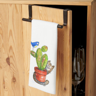 Whimsical Sneaky Cat with Cactus Tea Towel