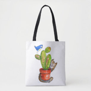 Whimsical Sneaky Cat with Cactus Tote Bag