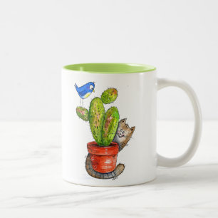 Whimsical Sneaky Cat with Cactus Two-Tone Coffee Mug