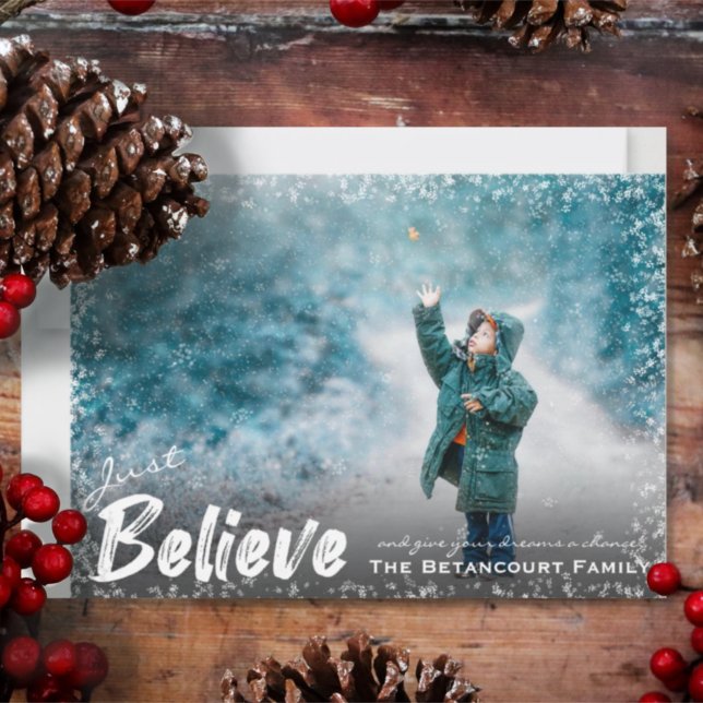 Whimsical Snow Frame Just Believe Christmas Photo Holiday Card (Creator Uploaded)
