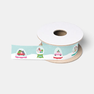 Whimsical Snow Globes Illustrations in Aqua Blue Satin Ribbon