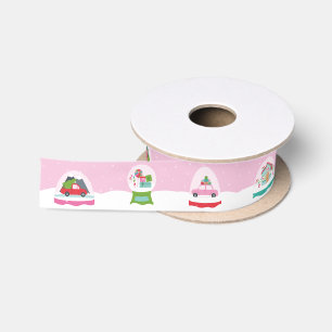 Whimsical Snow Globes Illustrations in Pastel Pink Satin Ribbon