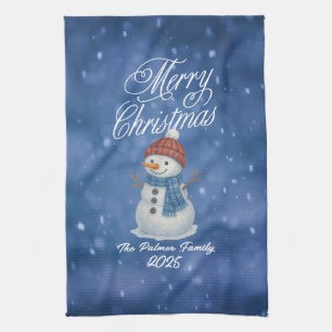 Whimsical Snow Man Merry Christmas Tea Towel