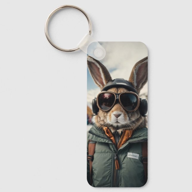 Whimsical Snowboarding Bunny Key Ring (Front)