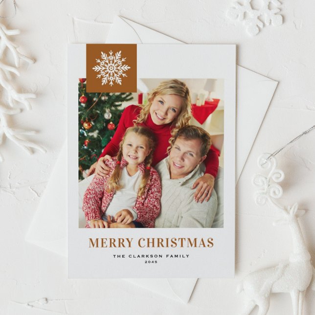 Whimsical Snowflake Burnt Orange Christmas Photo Holiday Postcard (Burnt orange photo Christmas postcard featuring a whimsical white snowflakes.)