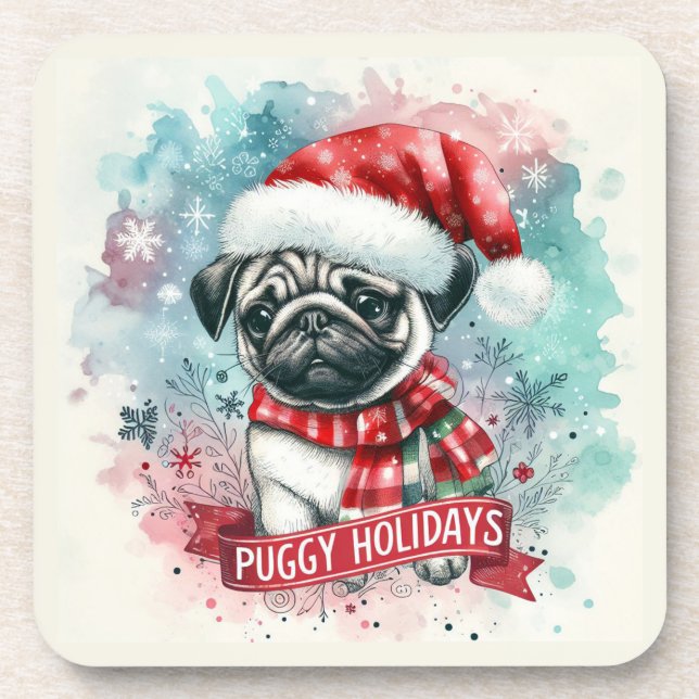 Whimsical Snowflake -,Charming Pug Dog Christmas Coaster (Front)