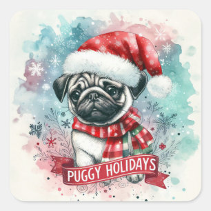 Whimsical Snowflake -,Charming Pug Dog Christmas Square Sticker