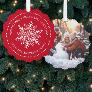Whimsical snowflake dot border red tree decoration card