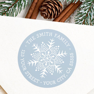 Whimsical snowflake dusty blue return address classic round sticker