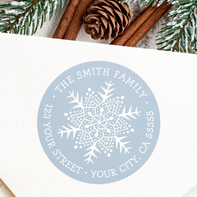 Whimsical snowflake dusty blue return address classic round sticker (Whimsical snowflake dusty blue return address classic round sticker)
