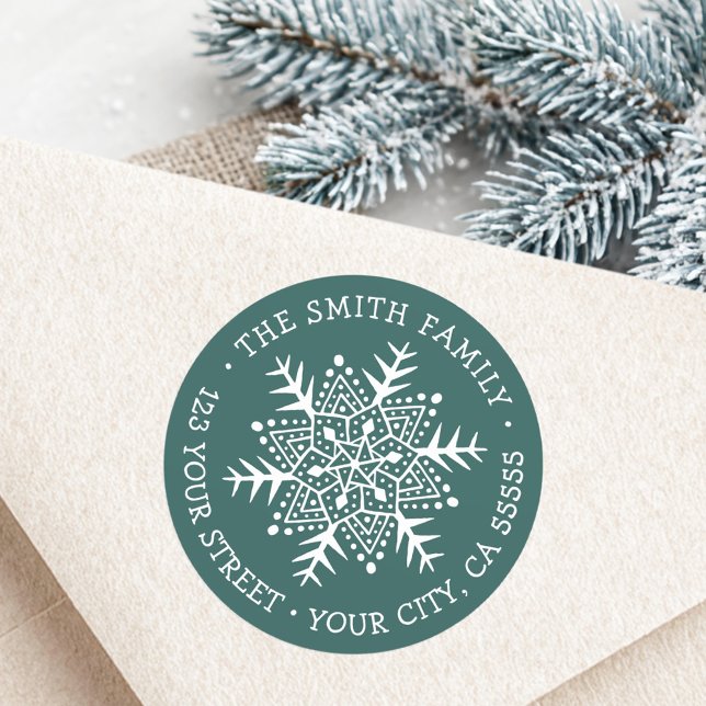 Whimsical snowflake pine green return address classic round sticker (Whimsical snowflake pine green return address classic round sticker)