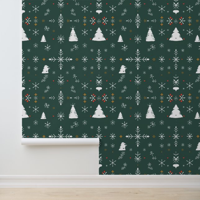 Whimsical Snowflakes and Christmas Trees Pattern Wallpaper (Application)