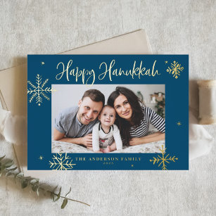 Whimsical Snowflakes Blue Happy Hanukkah Photo Foil Holiday Card