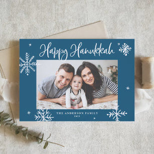 Whimsical Snowflakes Blue Happy Hanukkah Photo Holiday Card