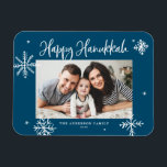 Whimsical Snowflakes Blue Happy Hanukkah Photo Magnet<br><div class="desc">Happy Hanukkah! Send warm wishes to family and friends with this whimsical Hanukkah magnet. It features whimsical snowflakes and modern calligraphy. Personalise this photo Hanukkah card by adding your details. This snowflake Hanukkah photo magnet is available in other colours and cardstock.</div>