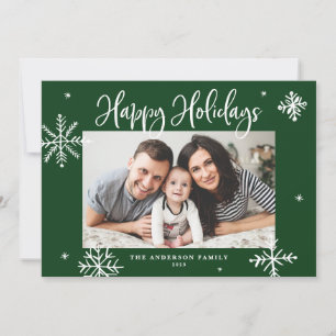 Whimsical Snowflakes Green Happy Holidays Photo Holiday Card