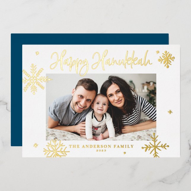 Whimsical Snowflakes Happy Hanukkah Photo Foil Holiday Card (Front/Back)