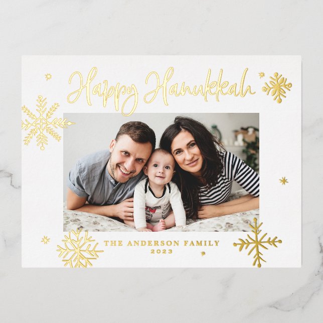 Whimsical Snowflakes Happy Hanukkah Photo Foil Holiday Postcard (Front)