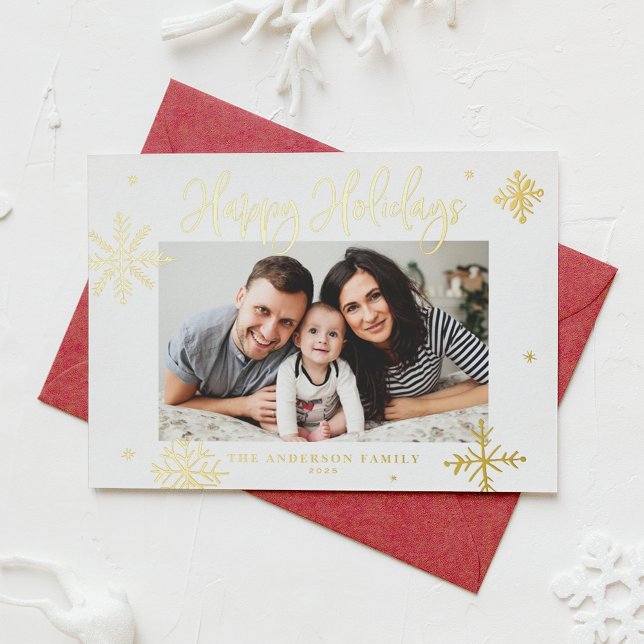 Whimsical Snowflakes Happy Holidays Photo Foil Holiday Card (Creator Uploaded)