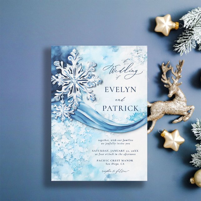Whimsical Snowflakes Modern Elegant Winter Wedding Invitation (winter wedding invitation elegant white frozen snow blue white silver modern classic christmas)