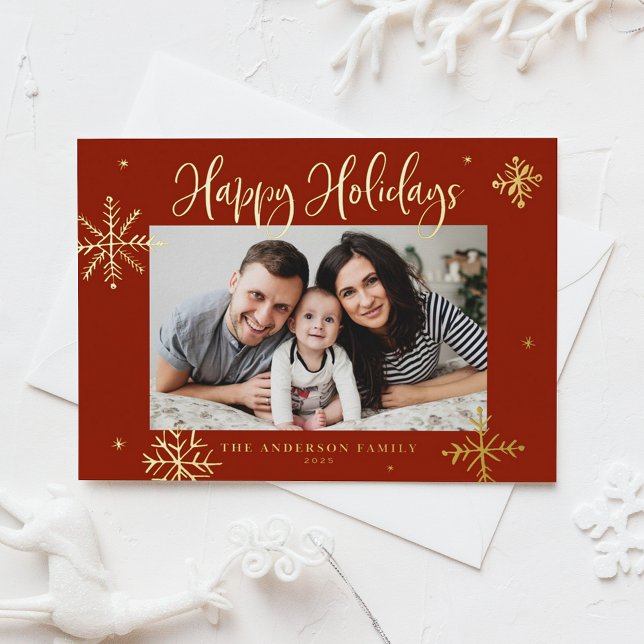 Whimsical Snowflakes Red Happy Holidays Photo Foil Holiday Card (Creator Uploaded)