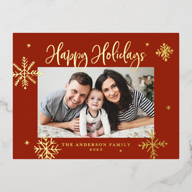 Whimsical Snowflakes Red Happy Holidays Photo Foil Holiday Postcard (Front)