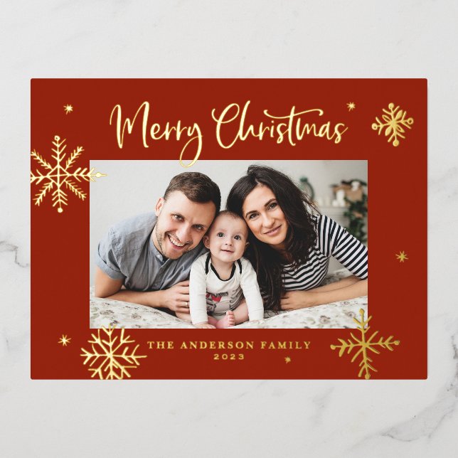 Whimsical Snowflakes Red Merry Christmas Photo Foil Holiday Postcard (Front)