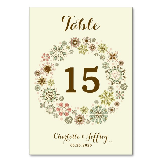 Whimsical Snowflakes Wedding Table Number (Front)