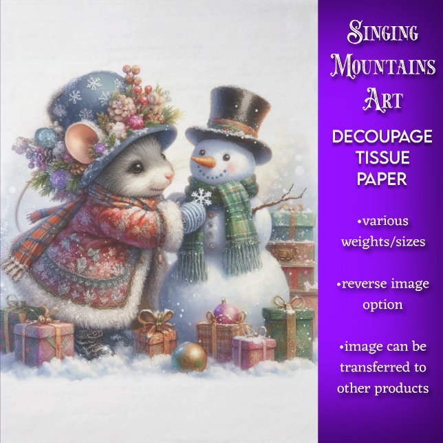 Whimsical Snowman and Christmas Mouse Decoupage Tissue Paper (Creator Uploaded)
