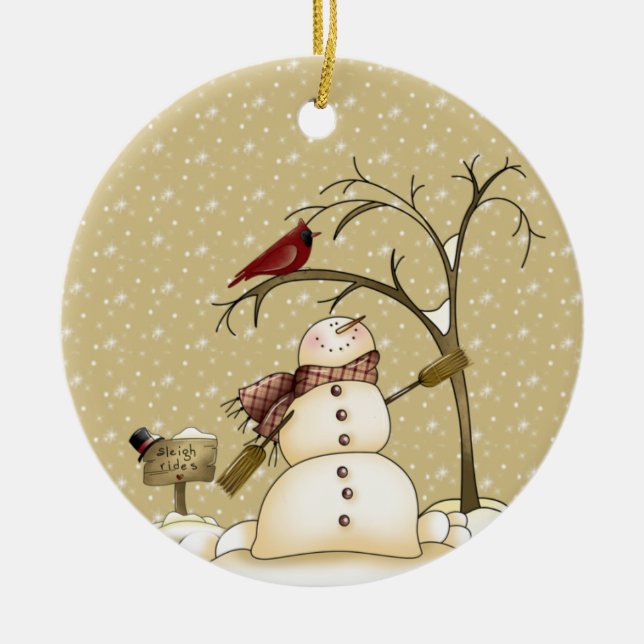 Whimsical Snowman and Red Bird Christmas Ceramic Ornament (Front)
