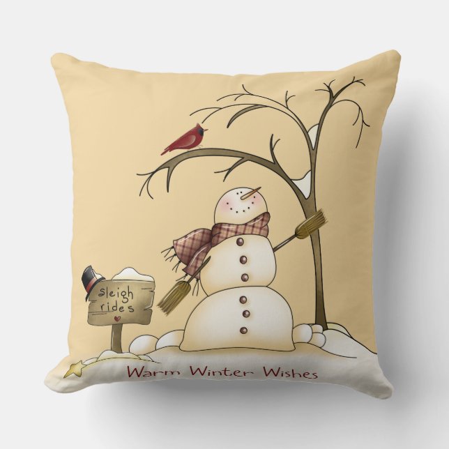 Whimsical Snowman Cardinal Sleigh Snow Tree Cushion (Front)