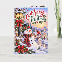 Whimsical Snowman Christmas Greeting Card | Red Ca