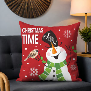 Whimsical Snowman Christmas Time Red Green Holiday Cushion