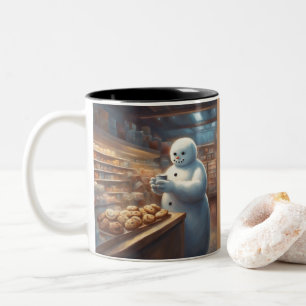 whimsical snowman drinks cocoa in grocery store Two-Tone coffee mug