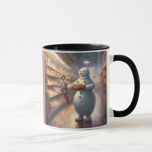 Whimsical Snowman hands out cookie samples Mug (Right)
