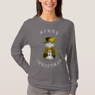 Whimsical Snowman in Gold Merry Christmas T-Shirt