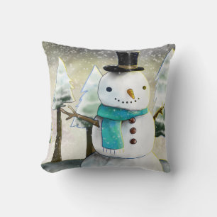 Whimsical Snowman in Winter Christmas Drawing Cushion