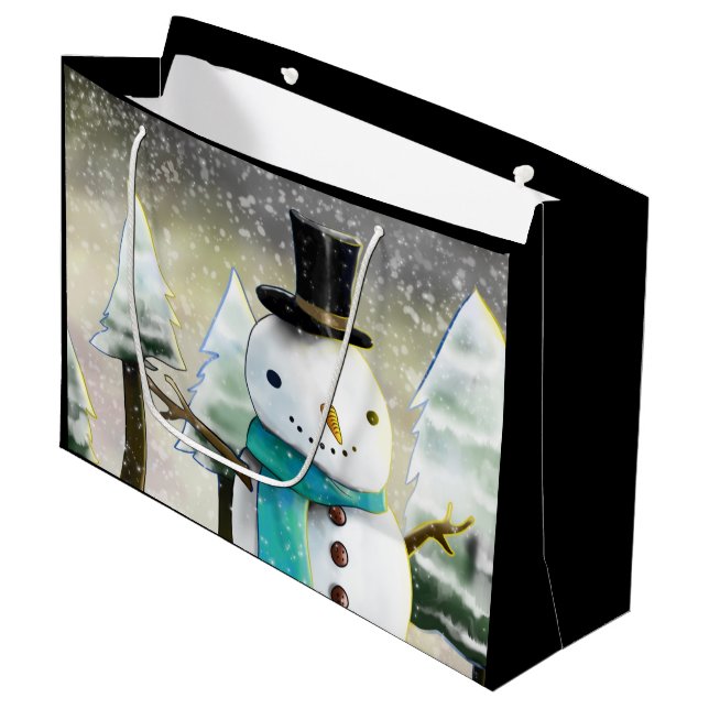 Whimsical Snowman in Winter Christmas Drawing Large Gift Bag (Front Angled)