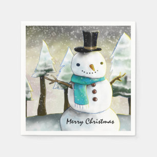 Whimsical Snowman in Winter Christmas Drawing Napkin