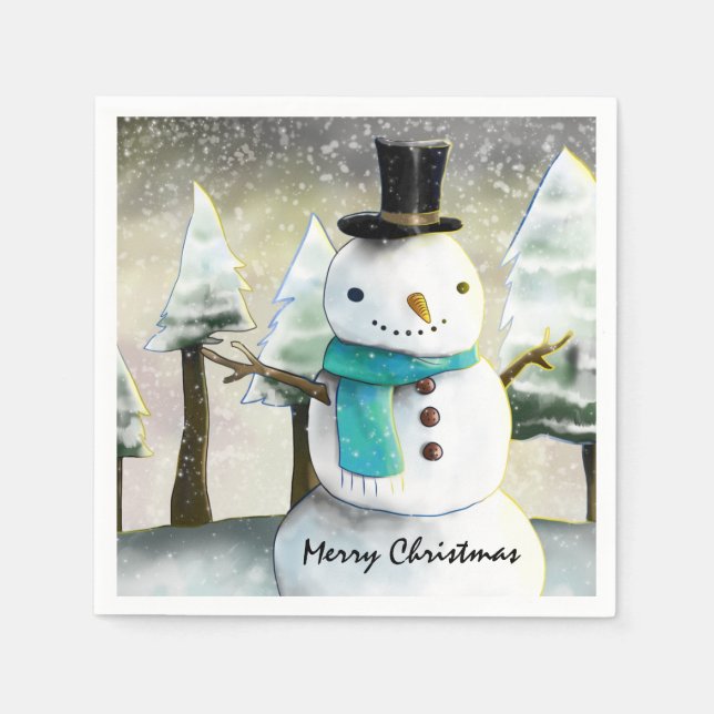 Whimsical Snowman in Winter Christmas Drawing Napkin (Front)