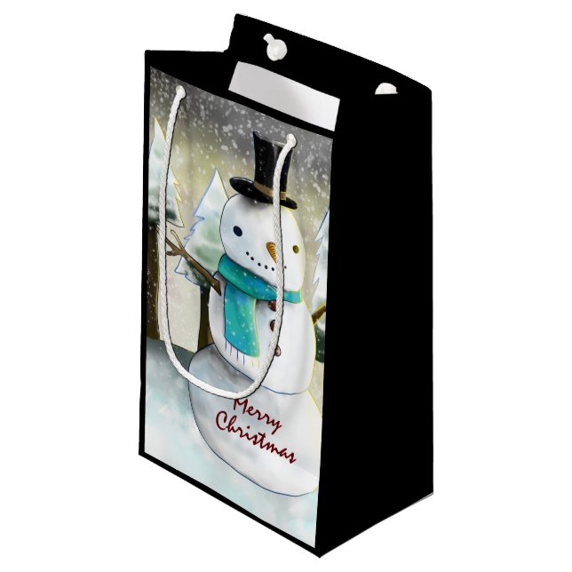 Whimsical Snowman in Winter Christmas Drawing Small Gift Bag (Front Angled)